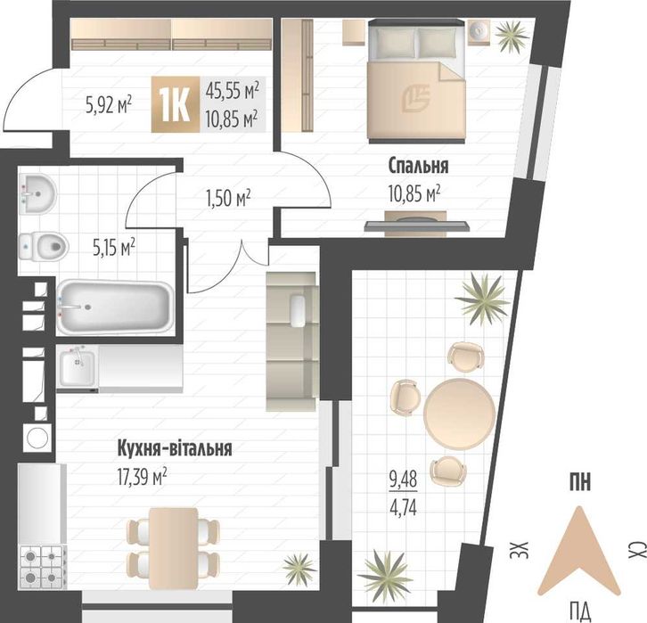 Продаж 1 кім. квартири SOUL PARK вул П. Орлика 45.55 кв.м