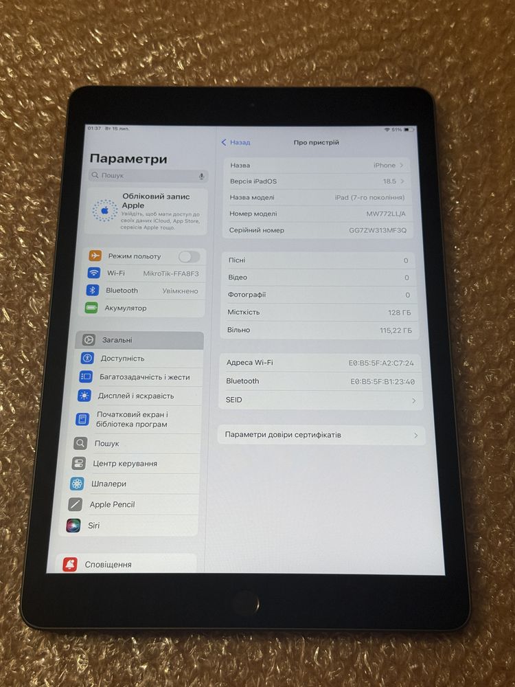 10.2”Apple iPad 7th 128gb WIFI Ідеал 98% батарея A2197