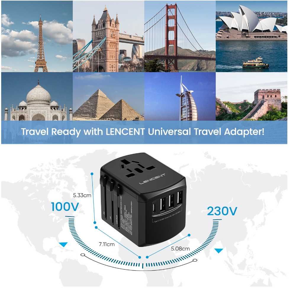 Uniwersalny adapter podróżny LENCENT 3xUSB + USB-C