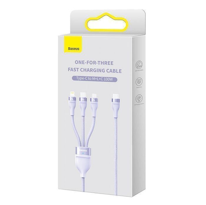 Kabel Baseus 3w1 100W USB-C microUSB Lightning 1.5m Fioletowy