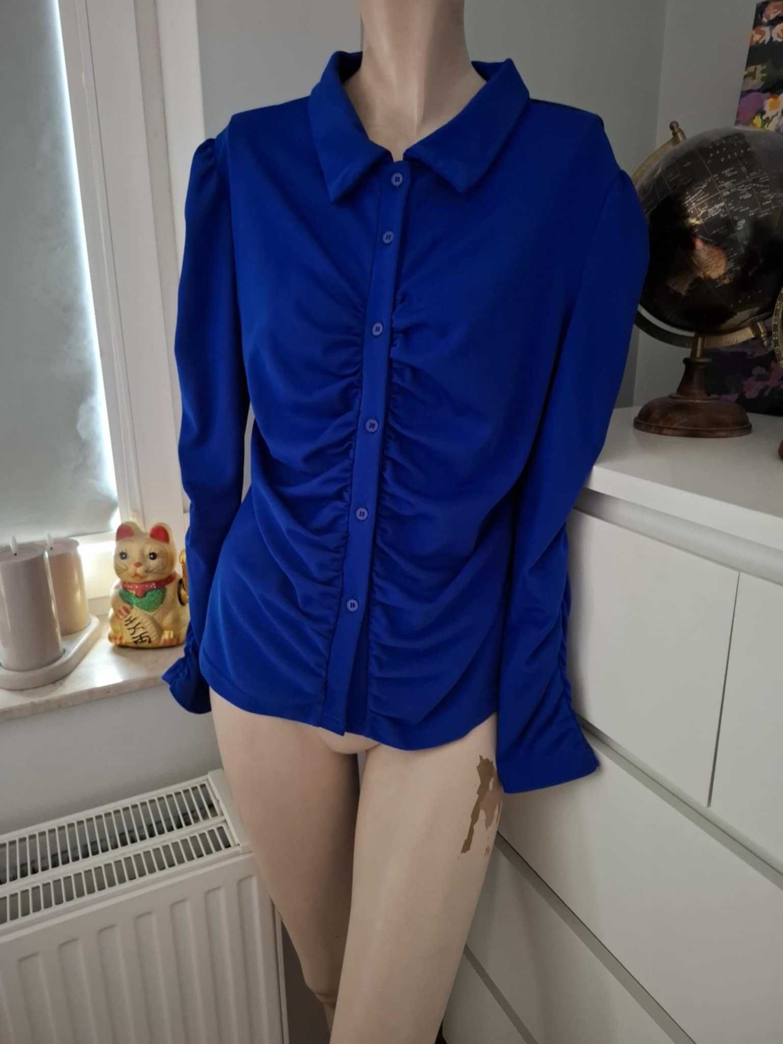 XL 42 niebieska chabrowa kobaltowa koszula drapowana marszczona retro