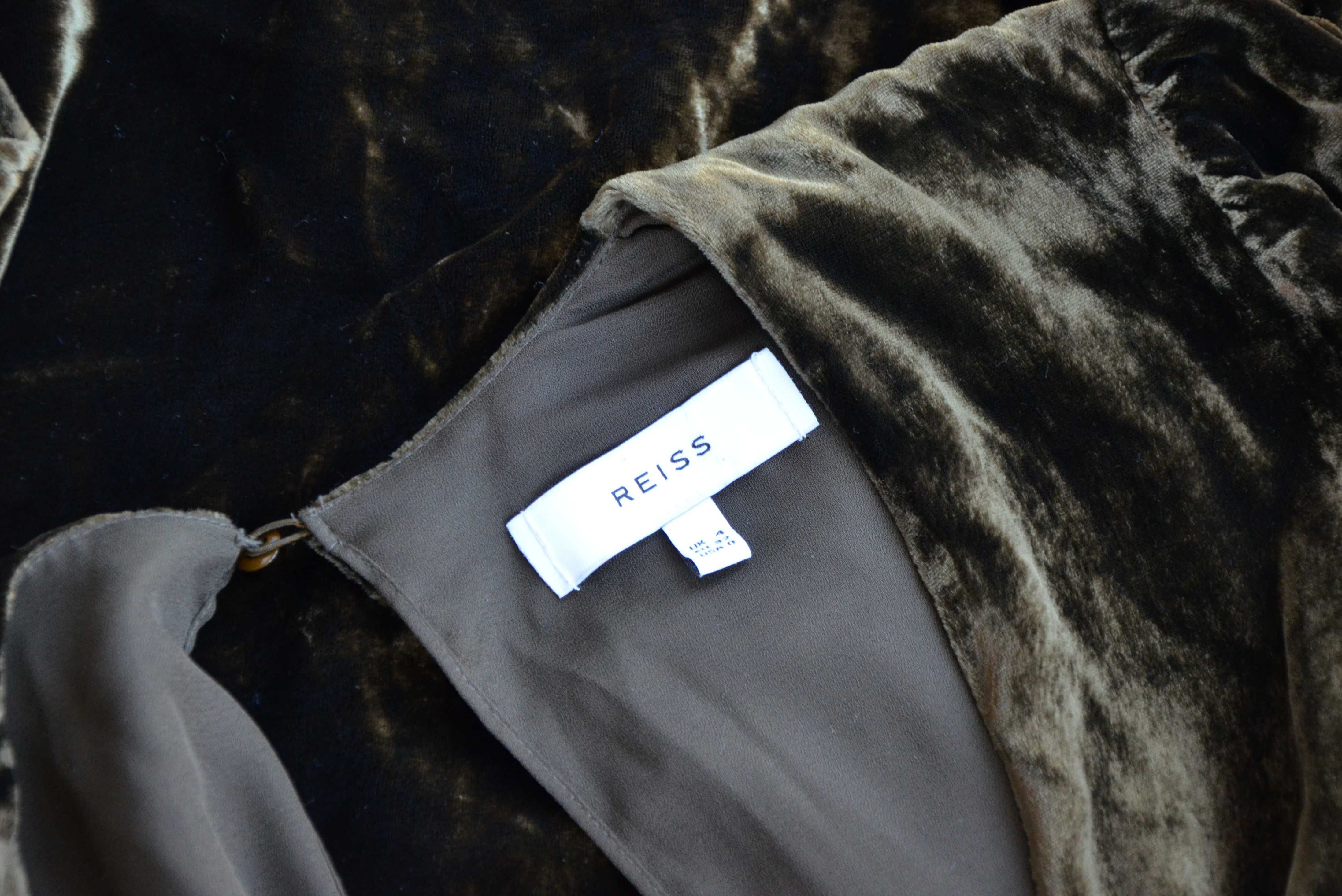 Reiss Klara długa oliwkowa welurowa sukienka premium jedwab 34 XS