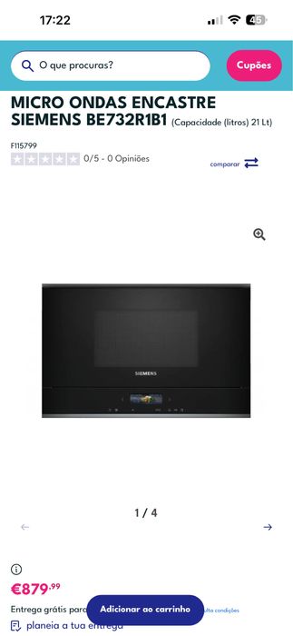 Micro-ondas Encastre SIEMENS BE732R1B1 (21 L - c/ Grill - Preto)
