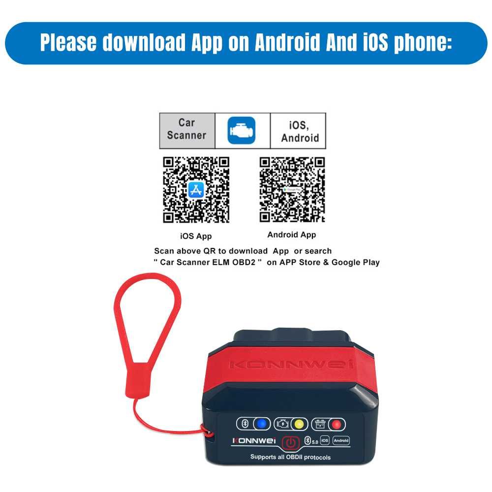 Interfejs Konnwei KW905 Czerwony ELM327 OBD2 Bluetooth 5.0 ANDROID iOS