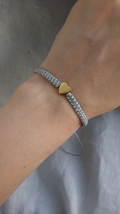 Bransoletka sznurkowa szara pleciona makrama Hematyt serce złote