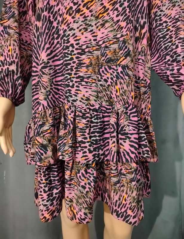 XS S M sukienka boho animal print falbany na 2 sposoby wiskoza jakość