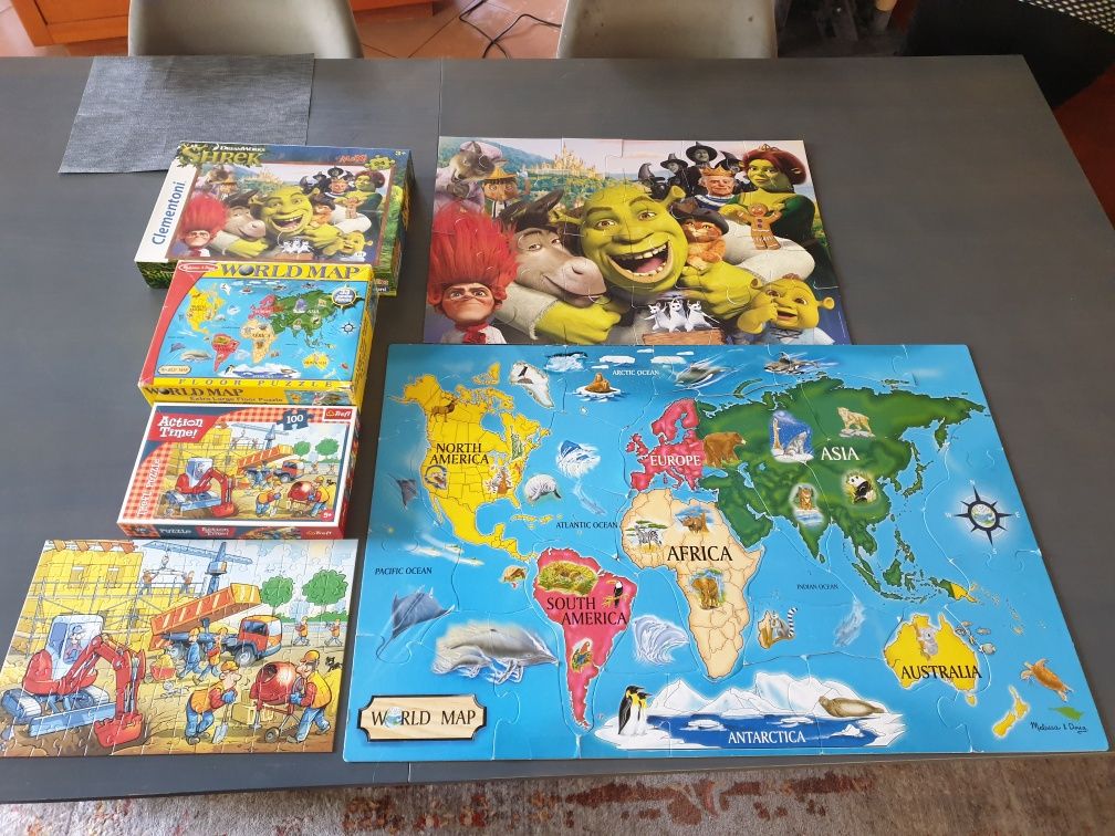 3 x puzzle ogromne Melissa & Doug world map duży Shrek oraz trefl