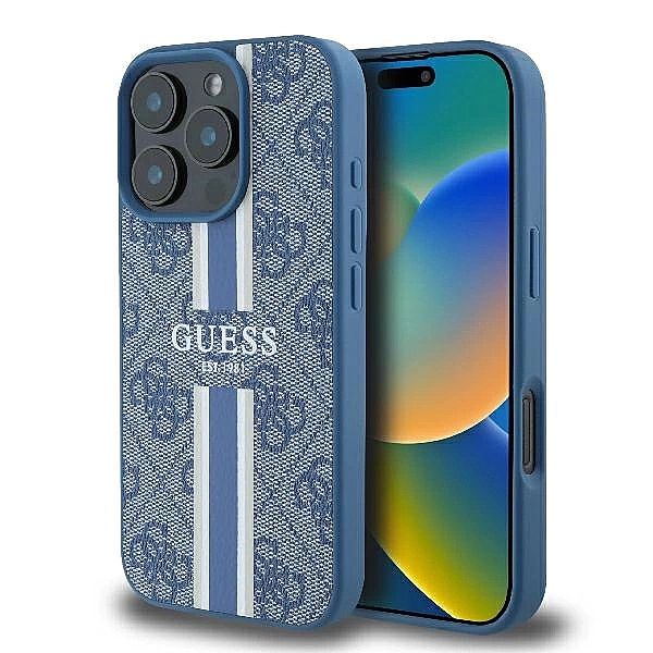 Etui Guess 4G Printed Stripes MagSafe na iPhone 16 Pro - niebieskie