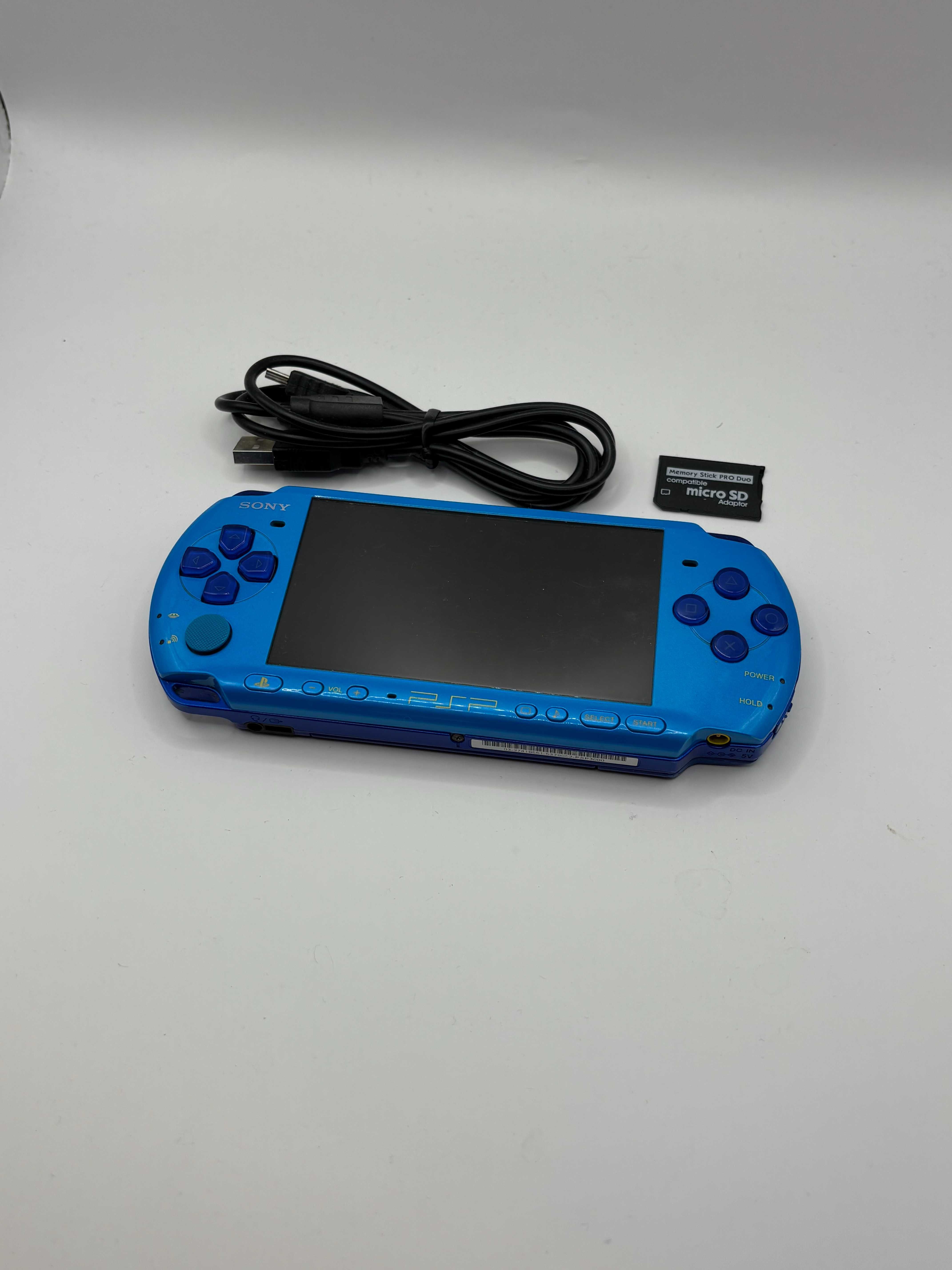 niebiska konsola PSP 3000 slim + adapter + kabel stan bardzo dobry