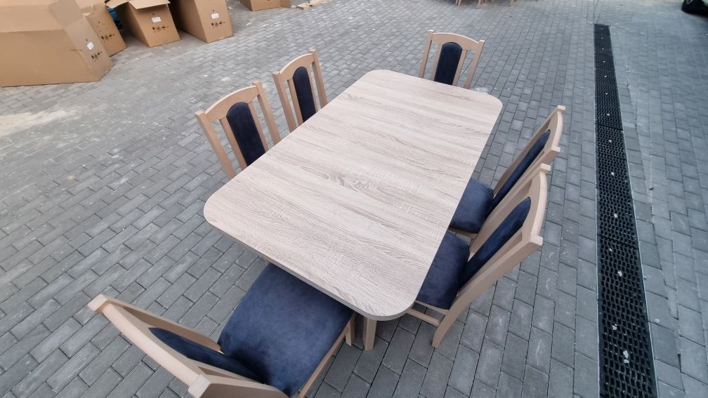 Nowe: Stół rozkładany i 6 krzeseł, OD RĘKI, sonoma + metaliczny granat