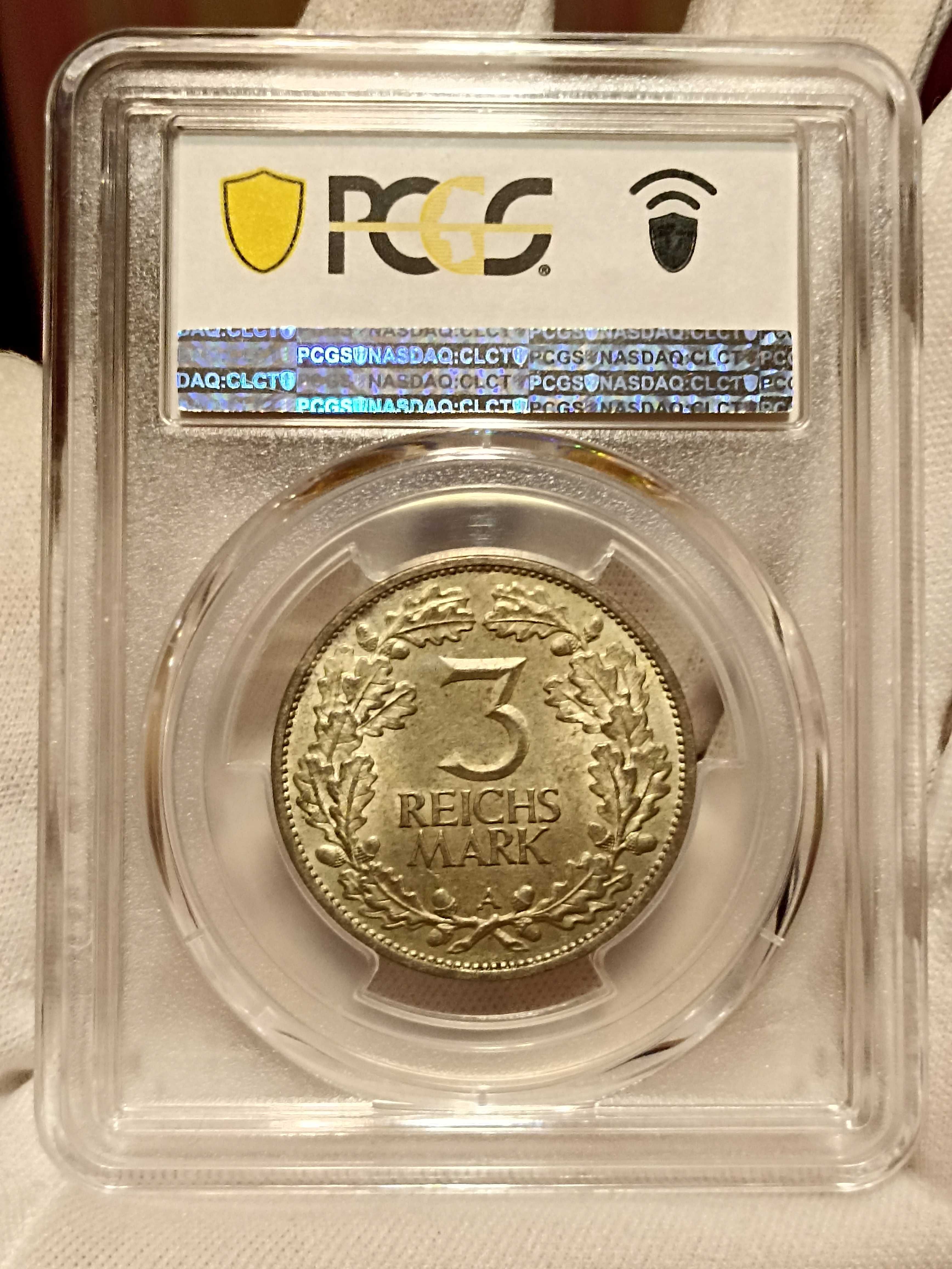 Монета из серебра 3 марки 1925 Рейнланд в слабе MS 64 - Веймар Рыцарь