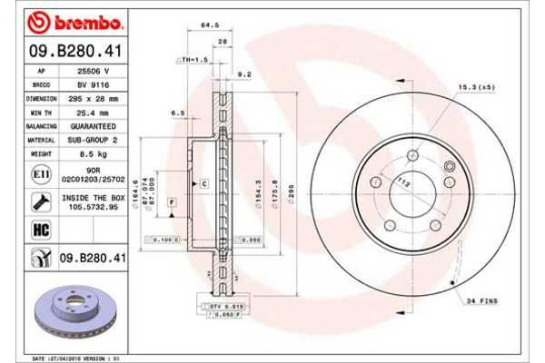 Brembo 09.B280.41 Tarcza Klasa C W204 S204 S W212 przód komplet 2x