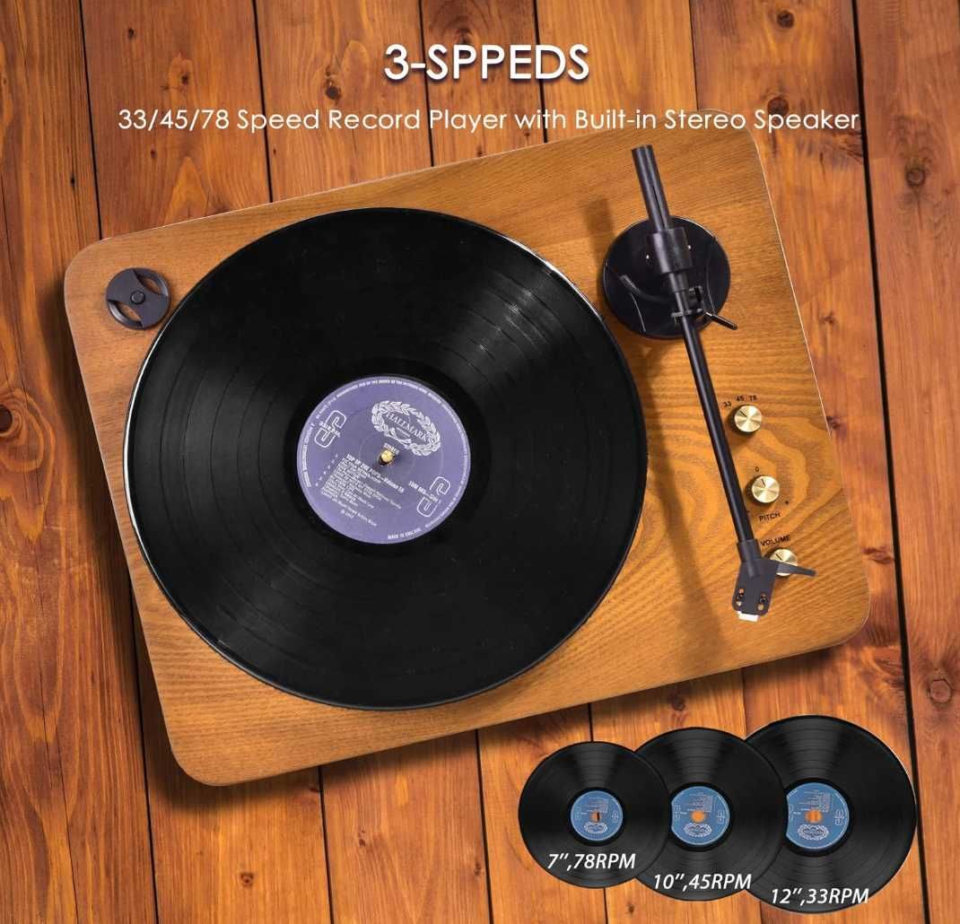 Gramofon Bluetooth HiFi System 2x głośnik 15 W Naturalne drewno