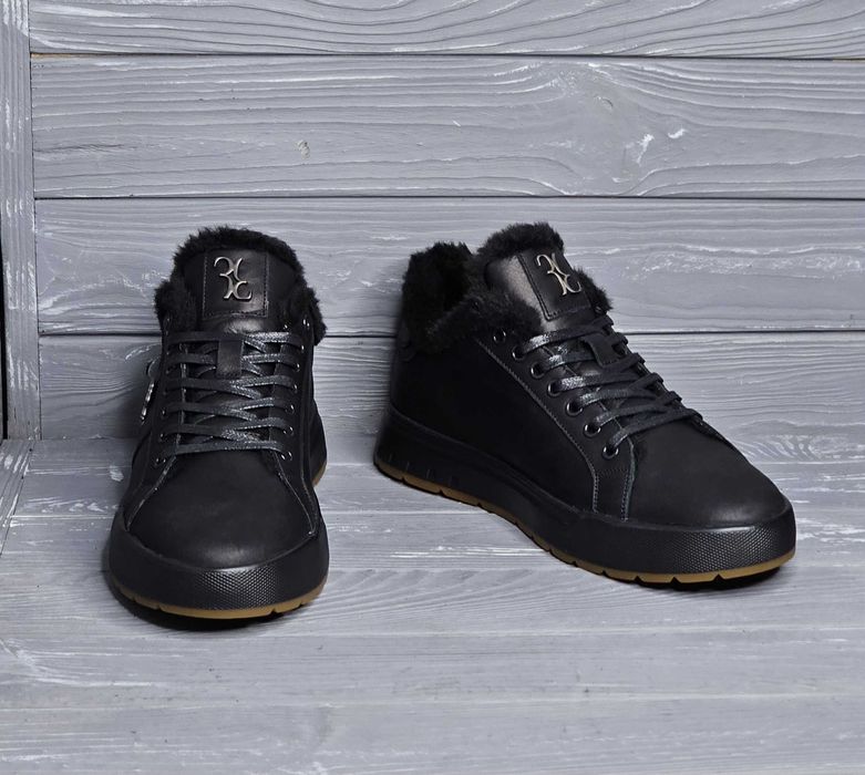 Мужские черные низкие зимние кожаные кеды кроссовки полиуретан подошва