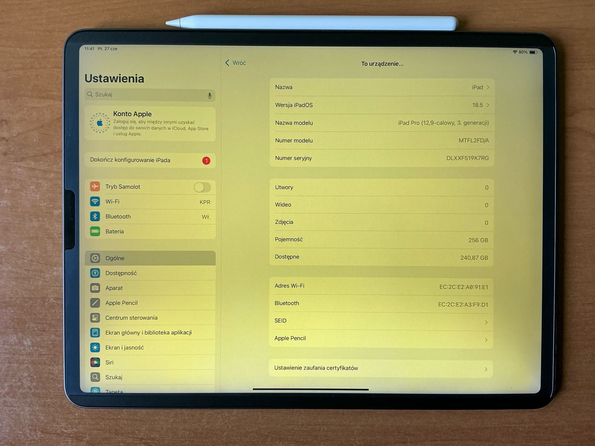 iPad Pro 12.9” 3 gen 256GB Wi-Fi + Pencil 2 + ładowarka. Bez uszkodzeń