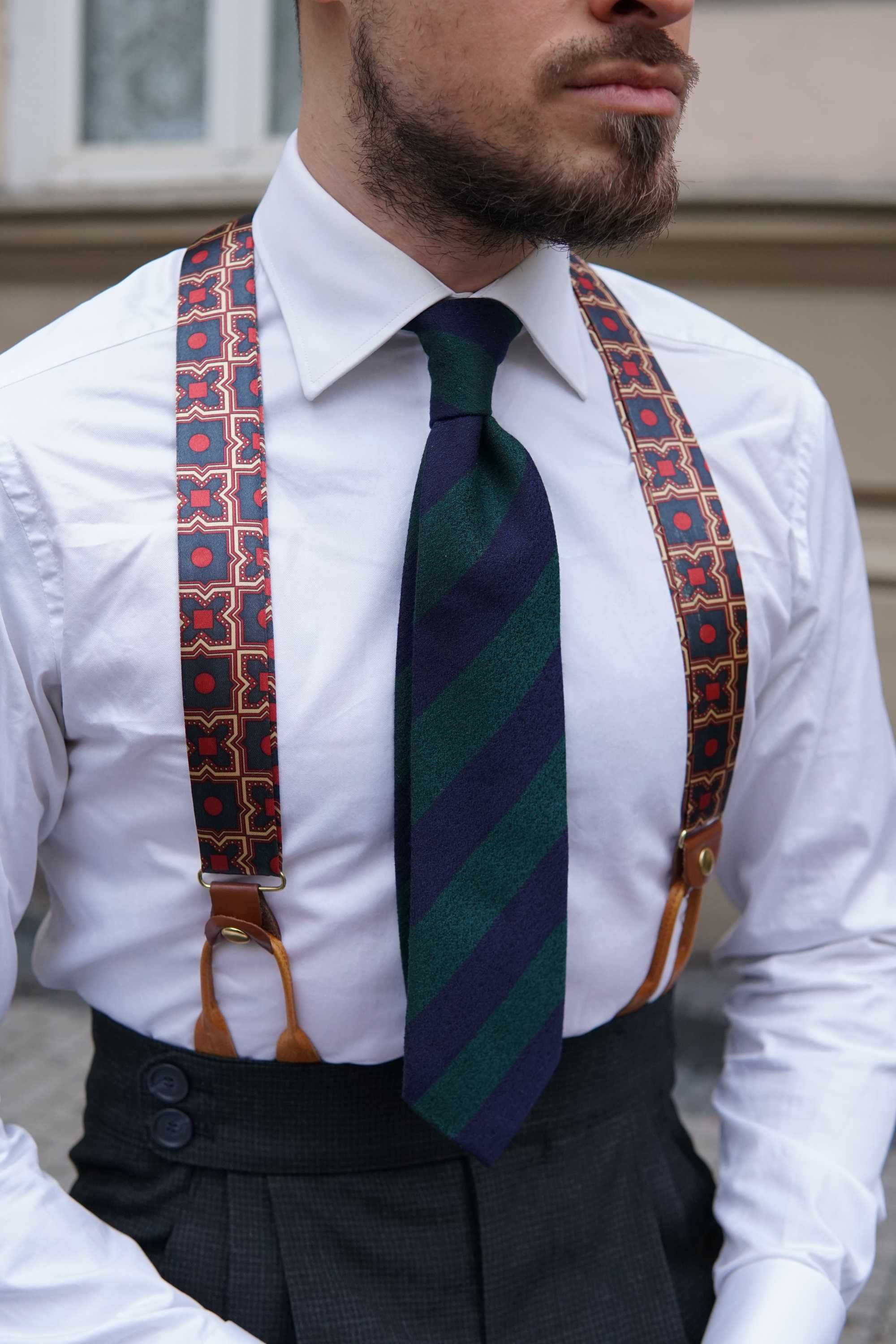 NOWY krawat regimental granatowo-zielony 8cm zieleń szeroki pasy ślub