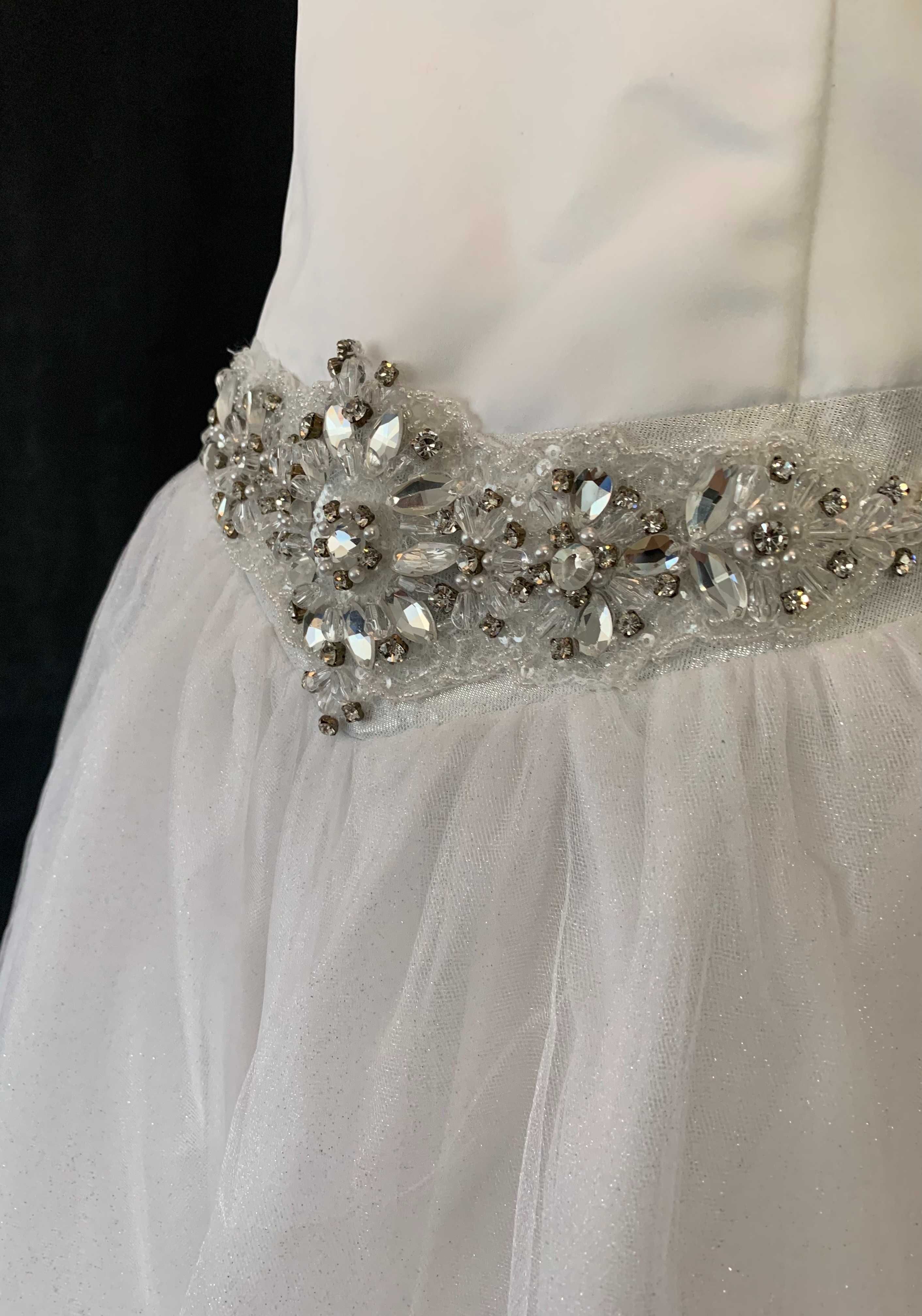 Nowa Suknia Ślubna Krótka Princessa Tiul Błyszcząca S M  36 38 Brokat