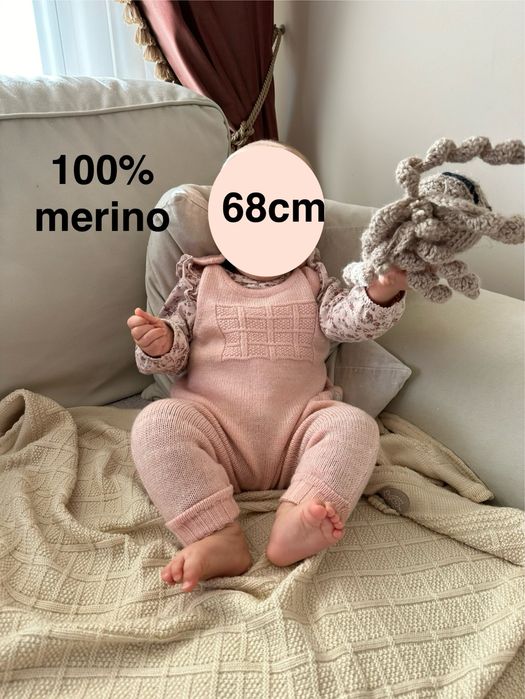 Wełniane spodnie merino na szelki ogrodniczki 62 68 74 cm Lillelam