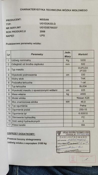 Wózek widłowy podnośnikowy Nissan UG1D2A32LQ silnik K25 3200kg, duplex
