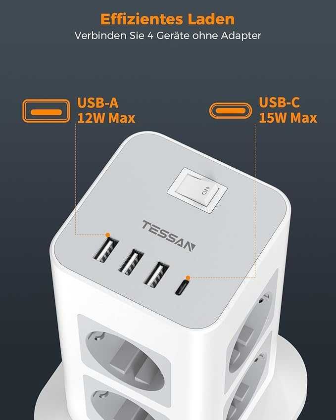TESSAN Listwa zasilająca pionowa 8 gniazd z 3 USB A i USB C 2 metry