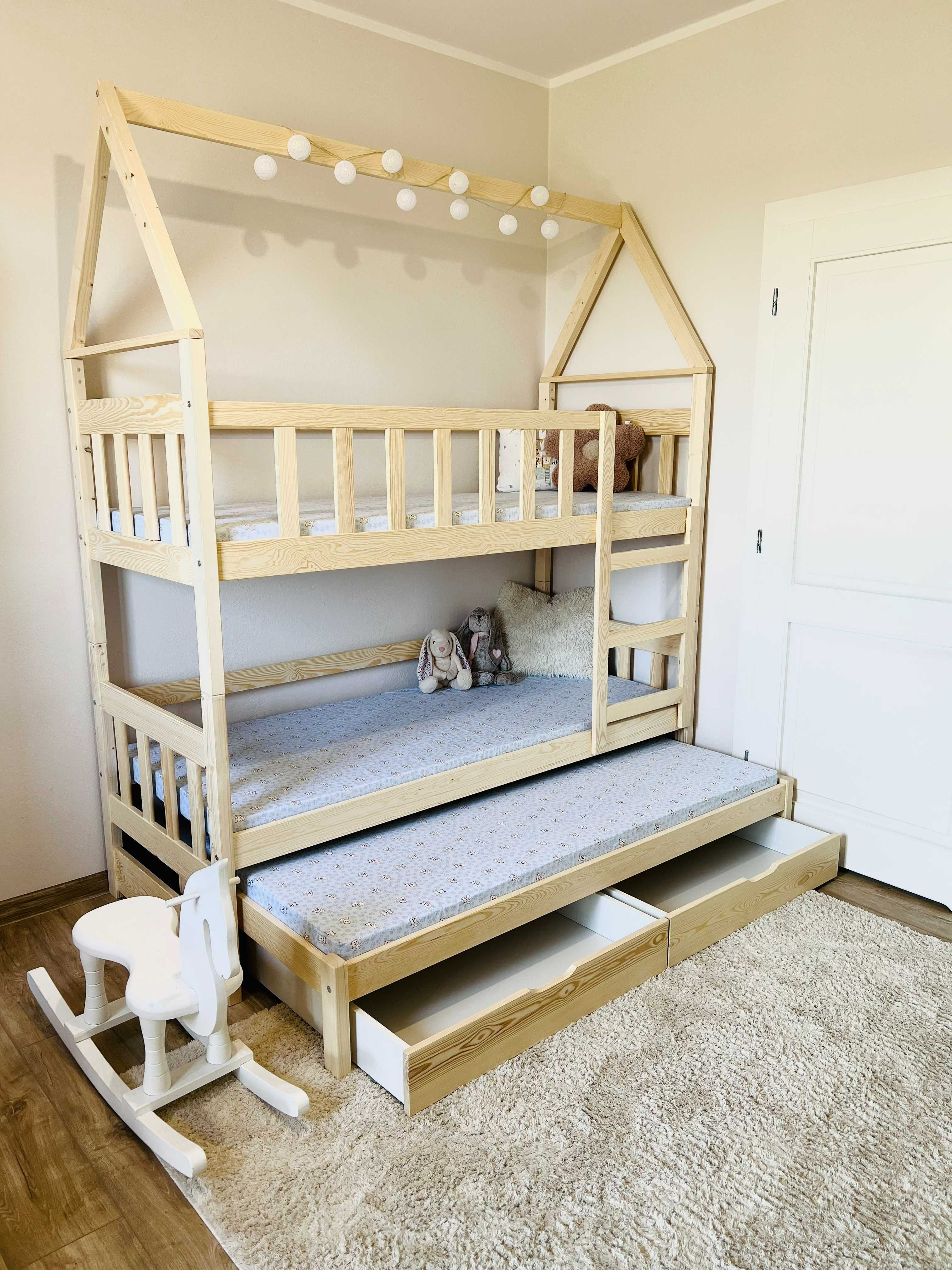 Łóżko piętrowe DOMEK dziecięce 3 osobowe, materace 160x75 lub 180x75
