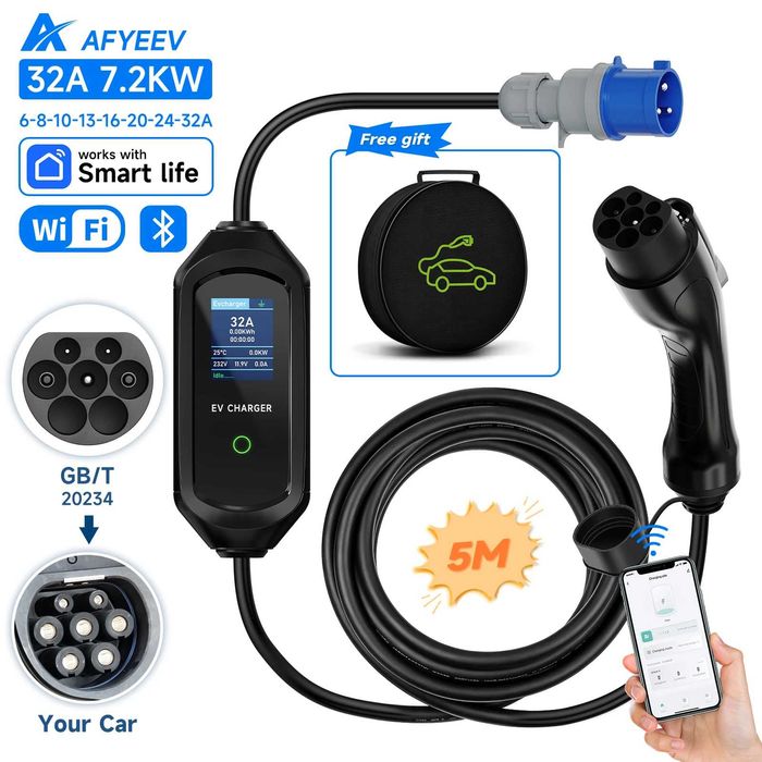 Зарядний пристрій авто 32A 7,2 KW 1 фаза type 1, type 2 WIFI 5м.