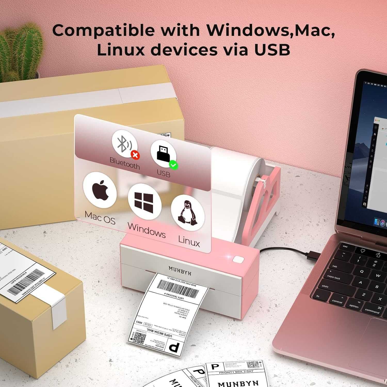 MUNBYN RealWriter 129B Termiczna drukarka etykiet Bluetooth | Różowa