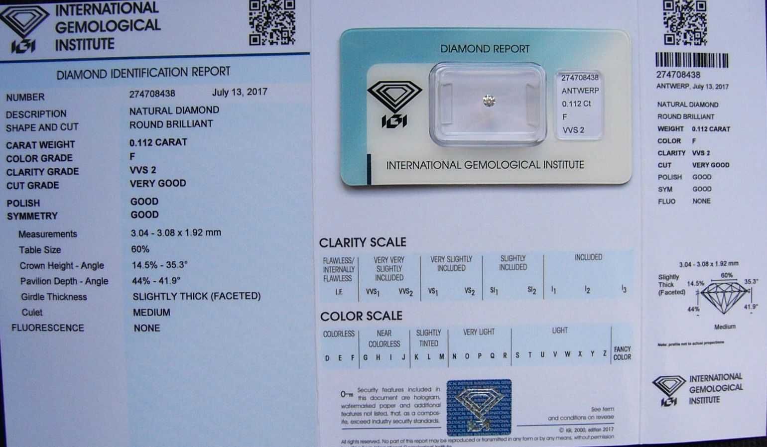 BRYLANT 0.112 ct VVS2 F 3,08 mm Certyfikat IGI Diament