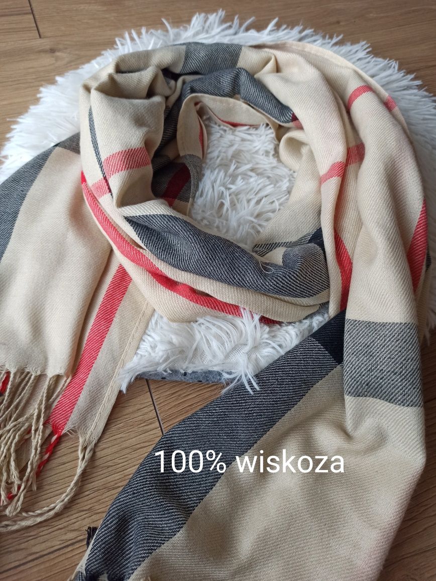 Beżowy szalik chusta w kratę z wiskozy 100% w kratkę wiosenny