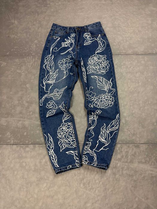Spodnie jeansowe z retro nadrukami baggy y2k denim (S)