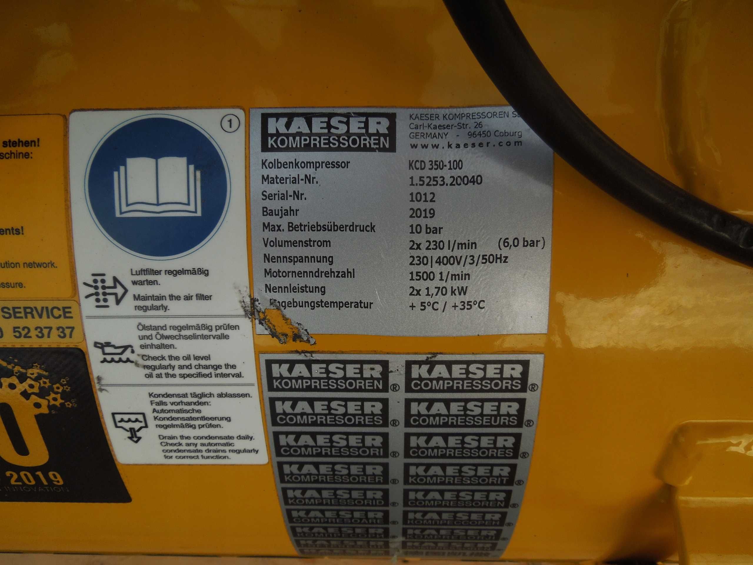 Sprężarka tłokowa KAESER KCD350-100 na zbiorniku 100L