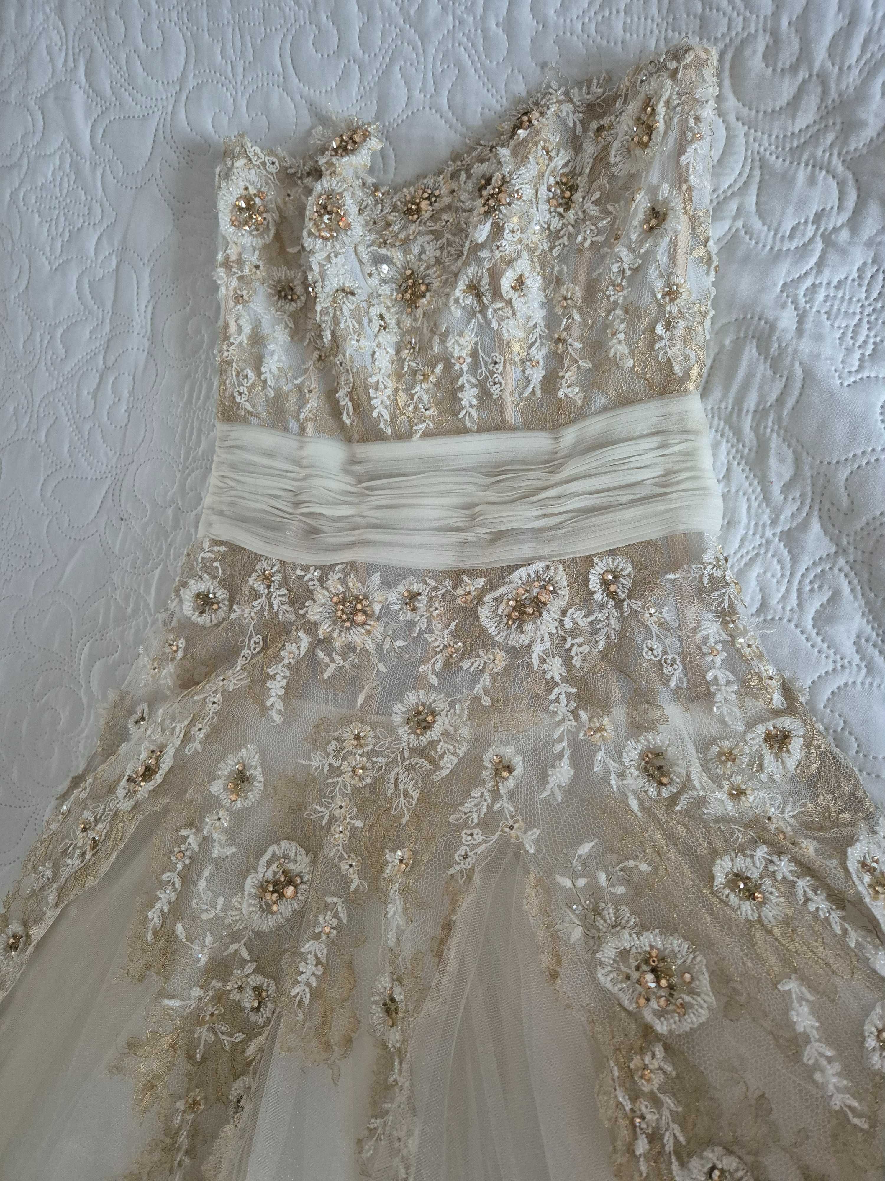 Unikalna suknia ślubna z koronką, kamieniami Swarovski, vintage, ecri