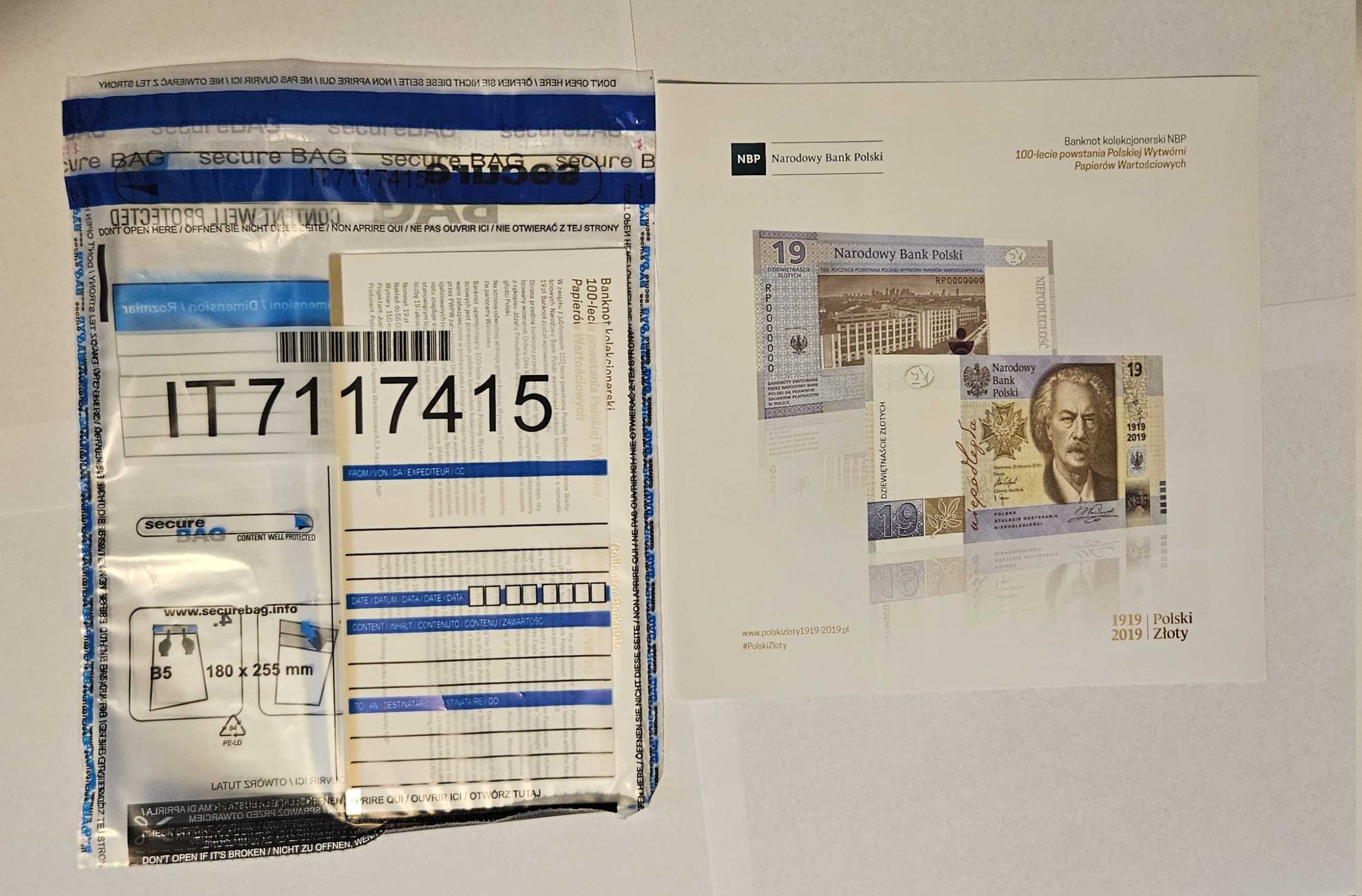 Banknot 19 zł / 2019 r 100-lecie powstania PWPW w etui + Folder
