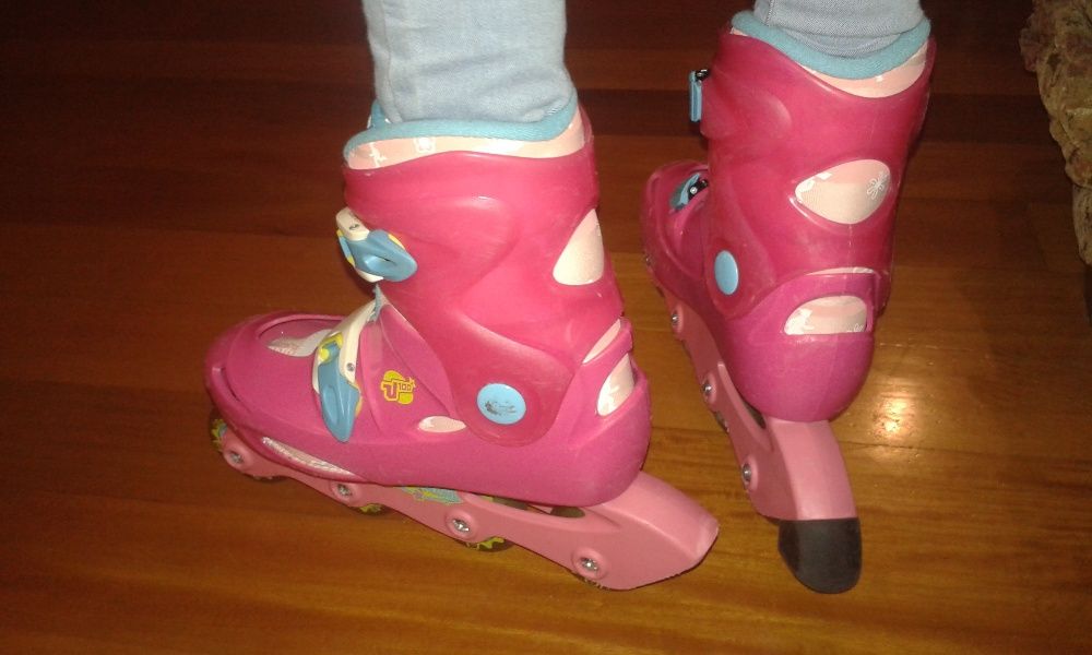 Patins em linha, nº 34 com protecções cotovelos, joelhos e punhos