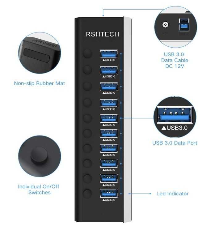 Hub USB 10 portów z wyłącznikiem każdego portu RSHTECH USB 3.0