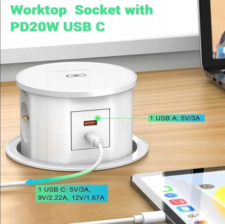 Wysuwane Gniazdko Elektryczne z USB C PD20 W Bezprzew. Ładowanie 15 W