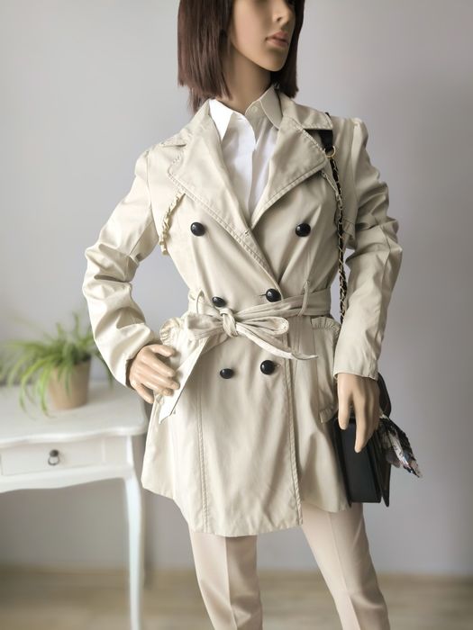 Beżowy trencz bawełniany, elegancki, dwurzędowy, rozm. M L 38 40