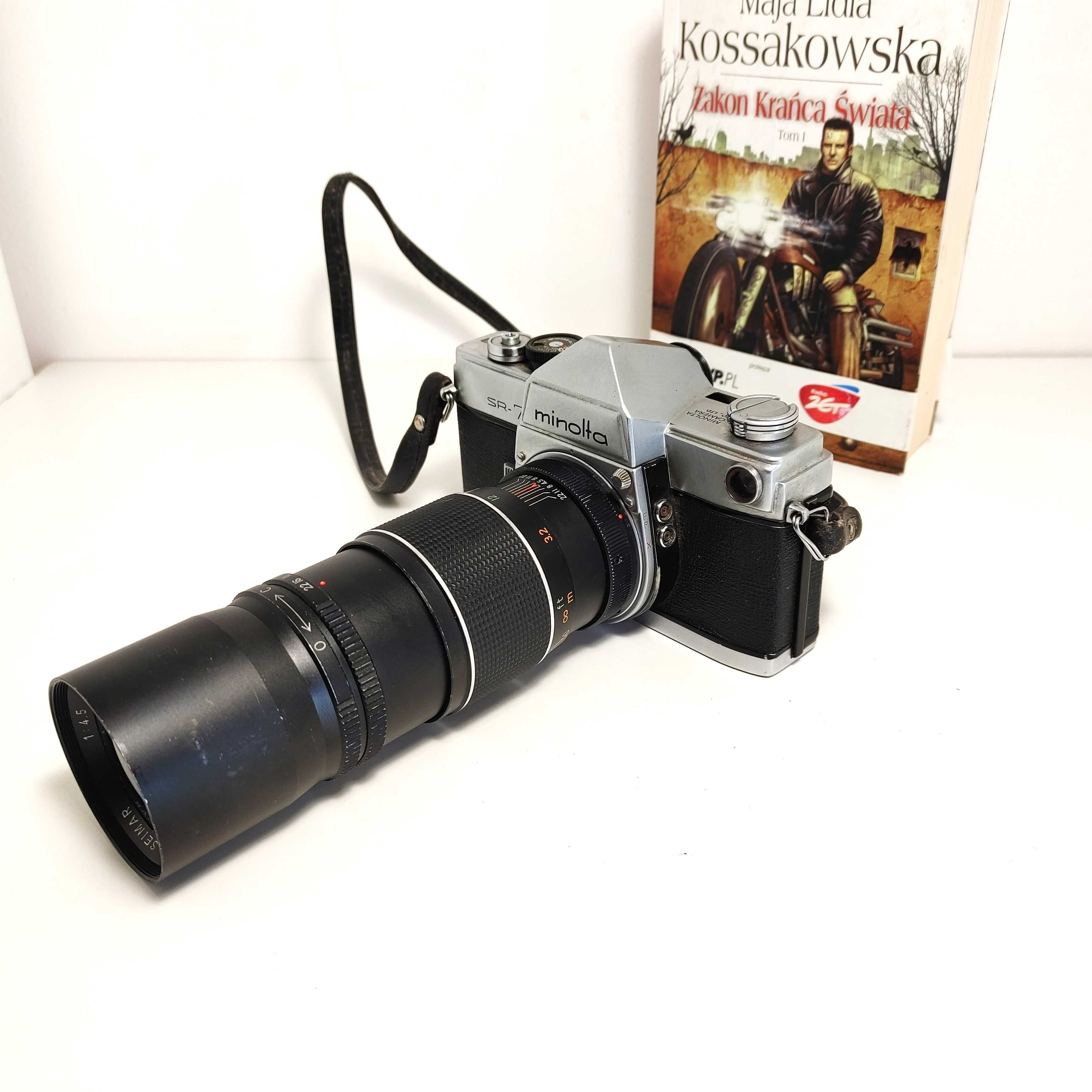 Klasyczna lustrzanka analogowa MINOLTA SR-7 z teleobiektywem Seimar