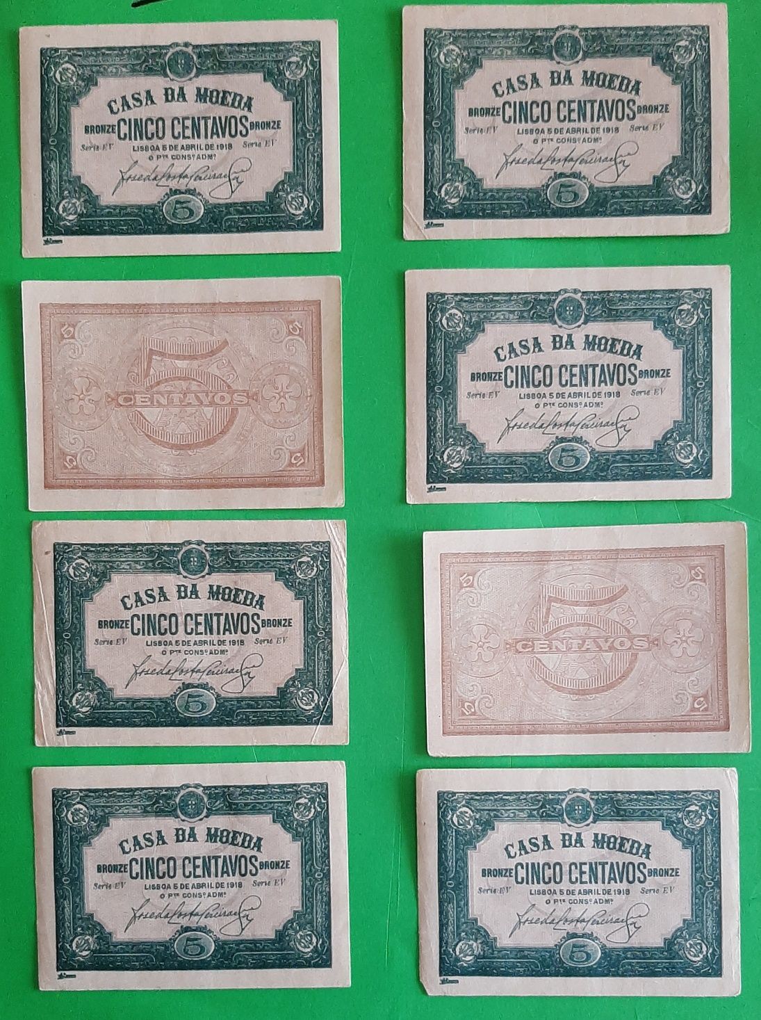 9 Cédulas Portuguesas de 5 Centavos de 1918. Muito bom estado. Raras