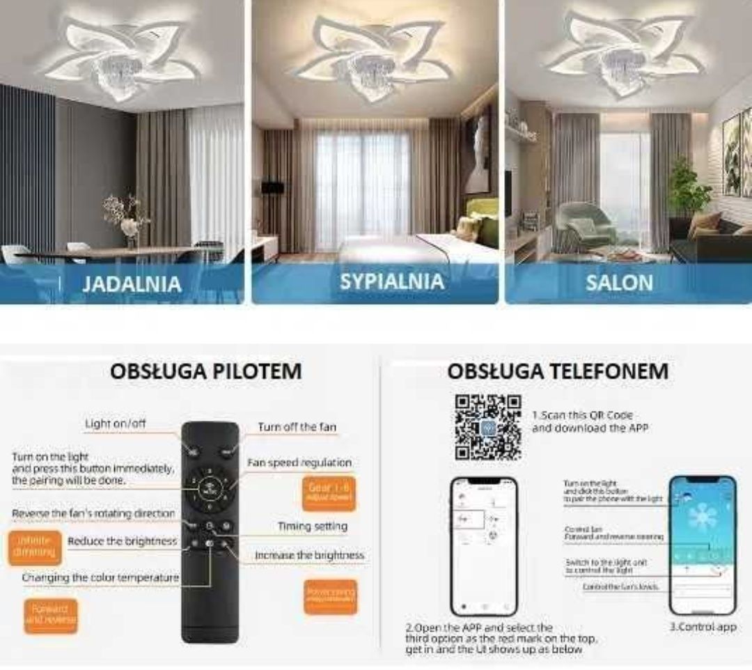 2w1 Żyrandol LED 50W Super Nowoczesny Kwiat Lotosu wiatrak