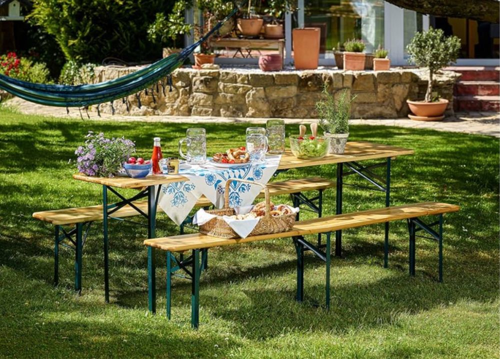 Alugo Conjunto mesa e bancos compridos 10 pessoas (ate 2 conjuntos)