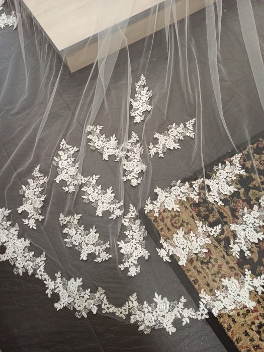 NOWY welon katedralny PROMOCJA długi jedwabny koronkowy 3,5m ivory ecr