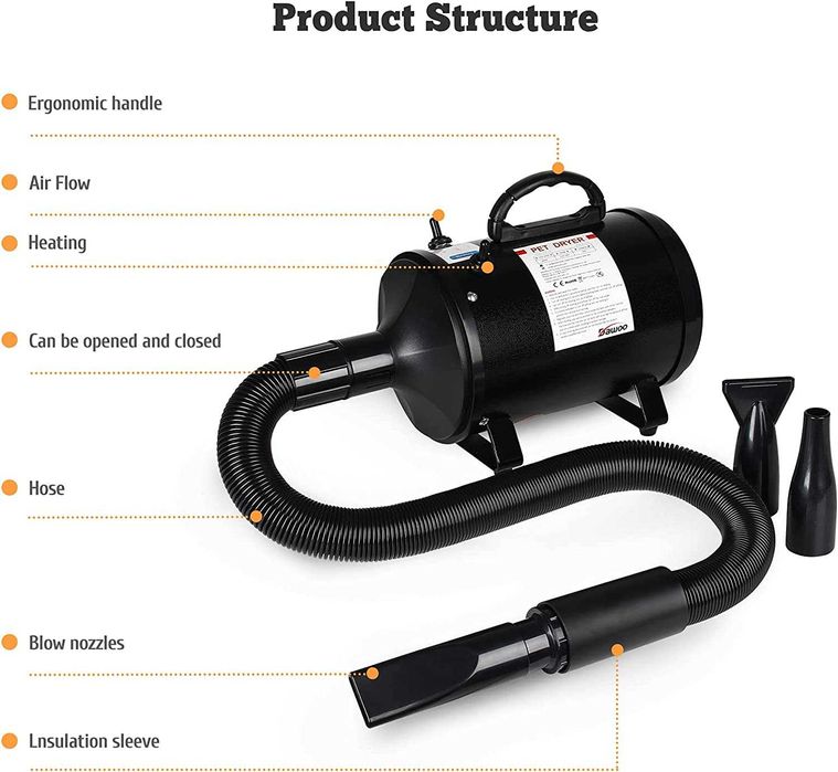 (NOVO) Secador de pêlo para cães 2800 W/3,8 HP, com 4 bicos