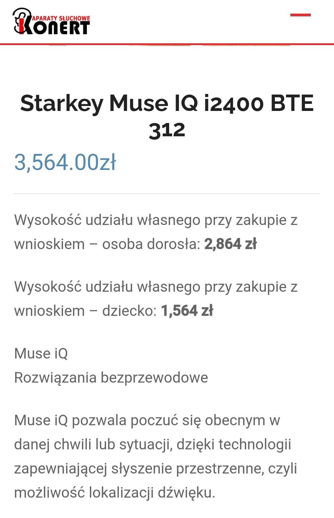 Sprzedam aparaty słuchowe Starkey Muse iQ i2400 BTE 312 cena za sztukę