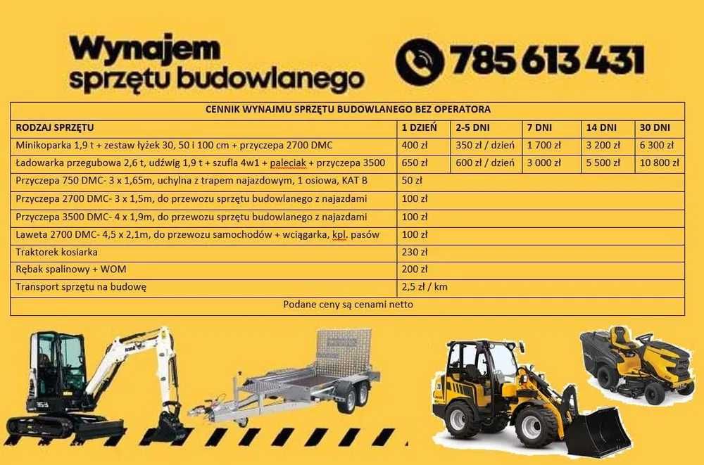 Wynajem Wypożyczalnia Mini Koparka Minikoparka Ładowarka BEZ KAUCJI