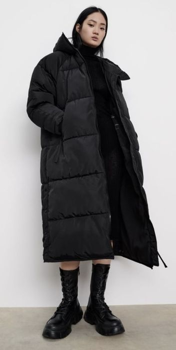 ZARA pikowany płaszcz zimowy XS S M oversize z kapturem czarny 550 PLN