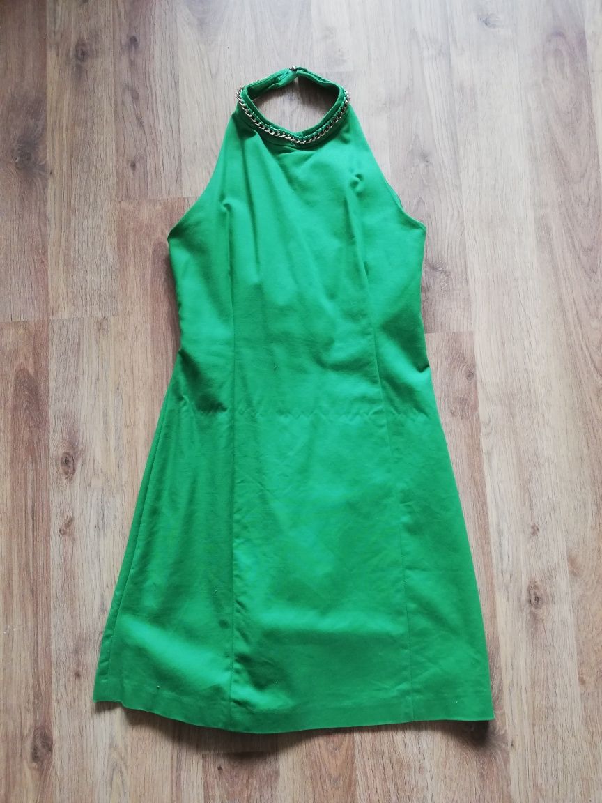 Zielona sukienka Zara S 36 mini halter pancerka łańcuszek wesele