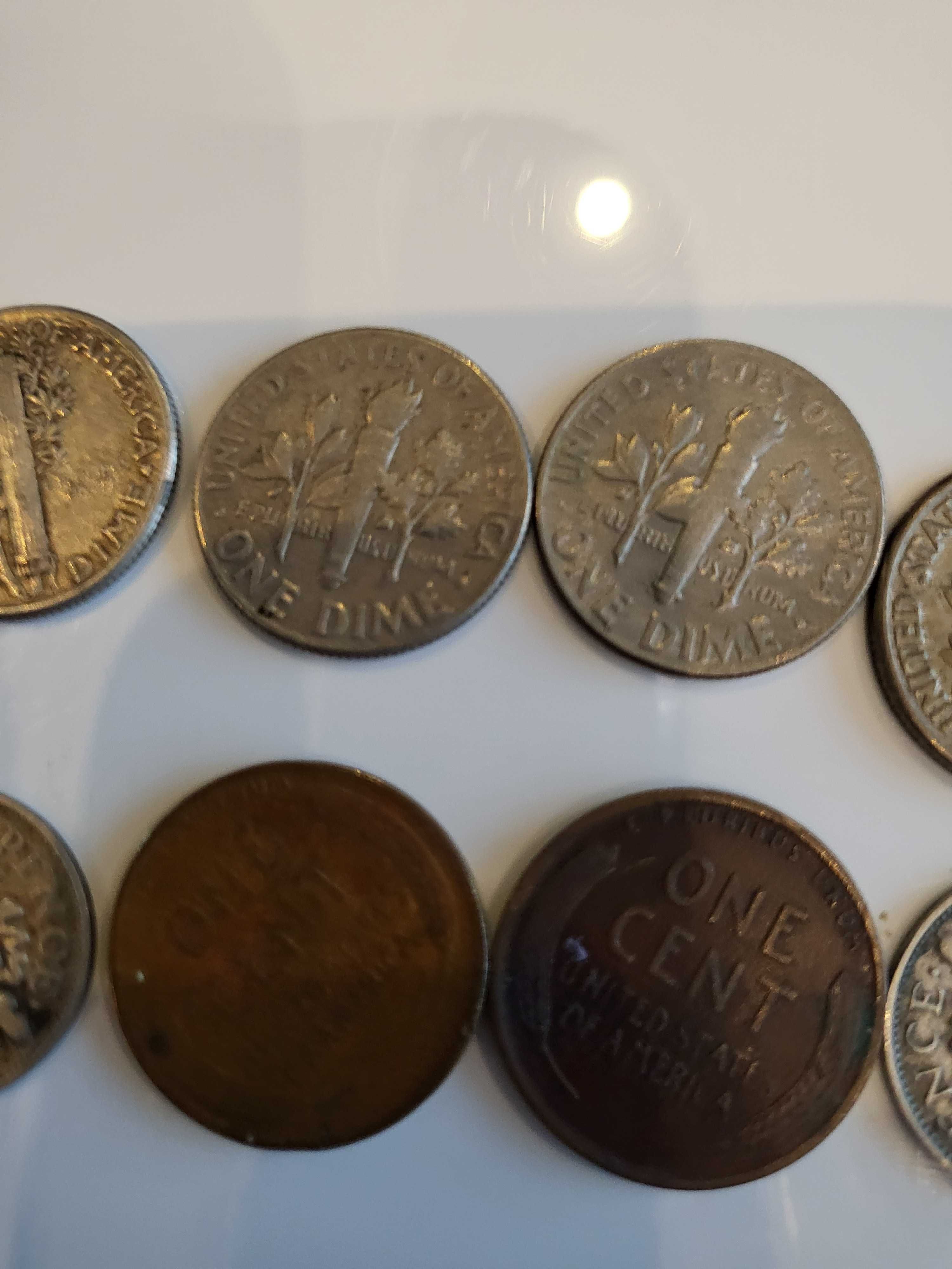 monety one dime , thre pence , one dime