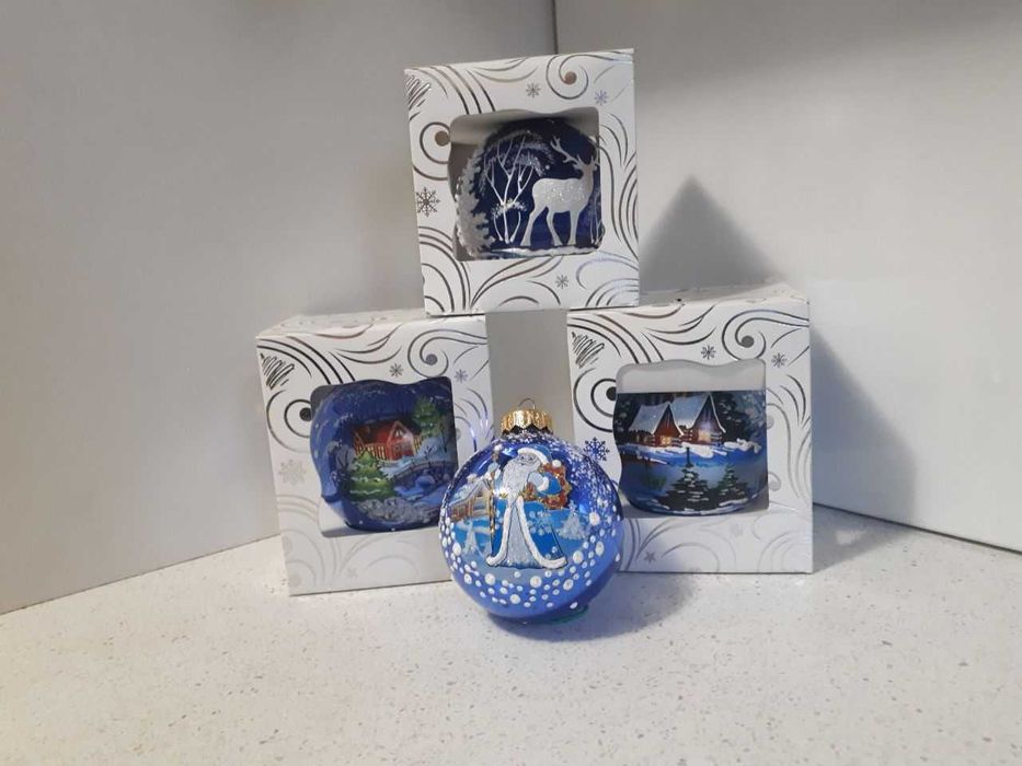 Кулі новорічні сині з об'ємним сніжним малюнком. Кулі на ялинку.