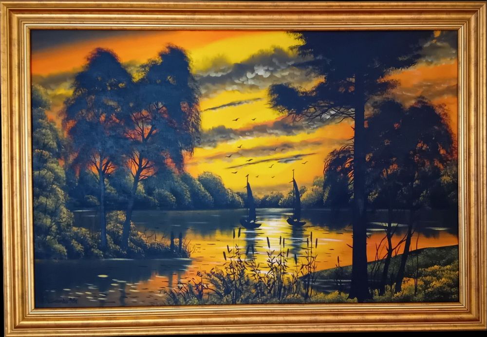 Obraz olejny na płótnie. Zachód słońca nad jeziorem.